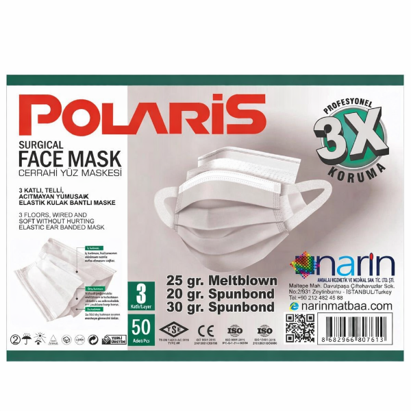 Polaris 3 Katlı Meltblown Rahat Lastikli Beyaz Maske 50'li Paket